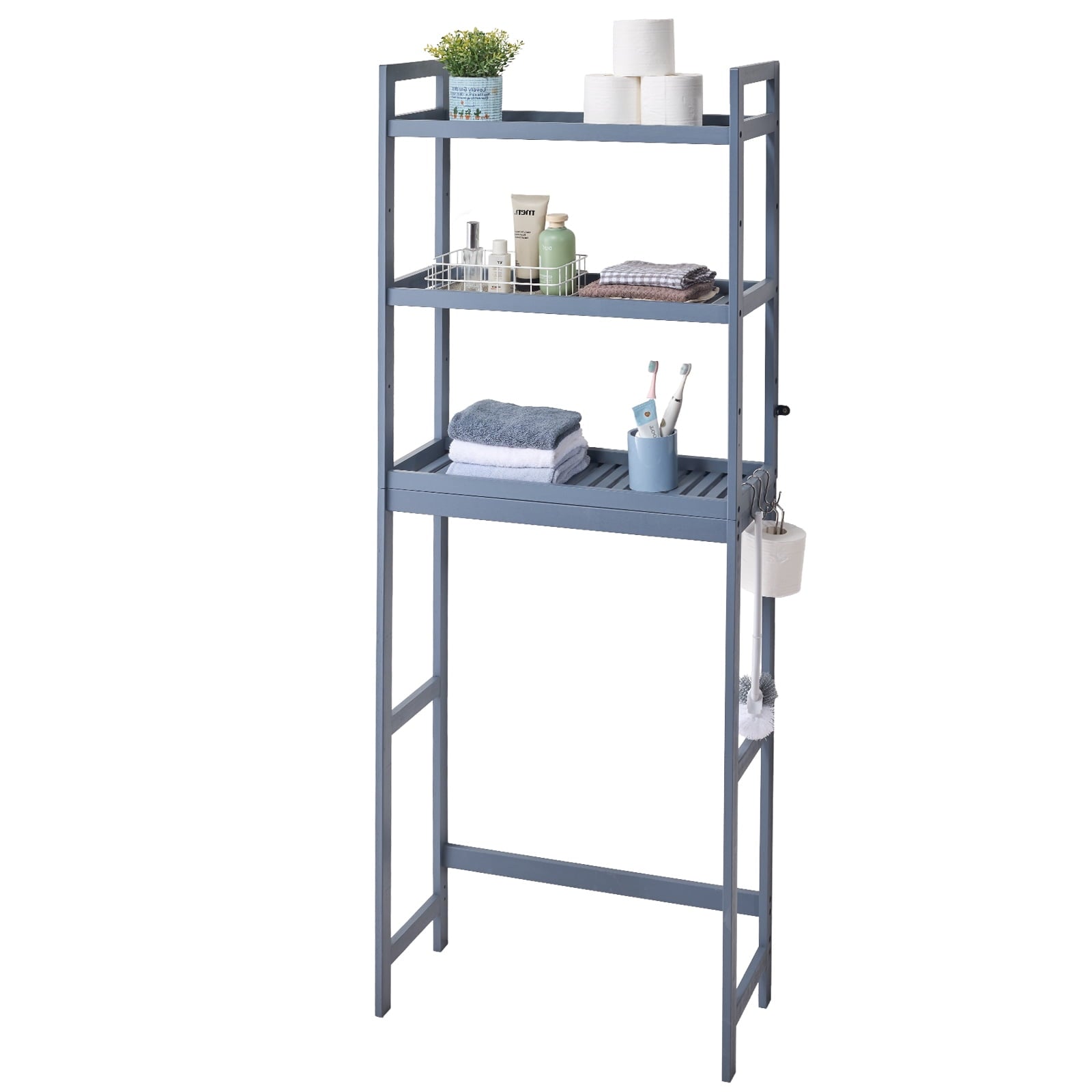 KFFKFF Over The Toilet Storage Shelf, 3-Level Bamboo Bathroom Shelf with Adjustable Heights, Includes 3 Hooks, Standalone Assembly for Space Optimization, Compatible with Various Toilets, Gray