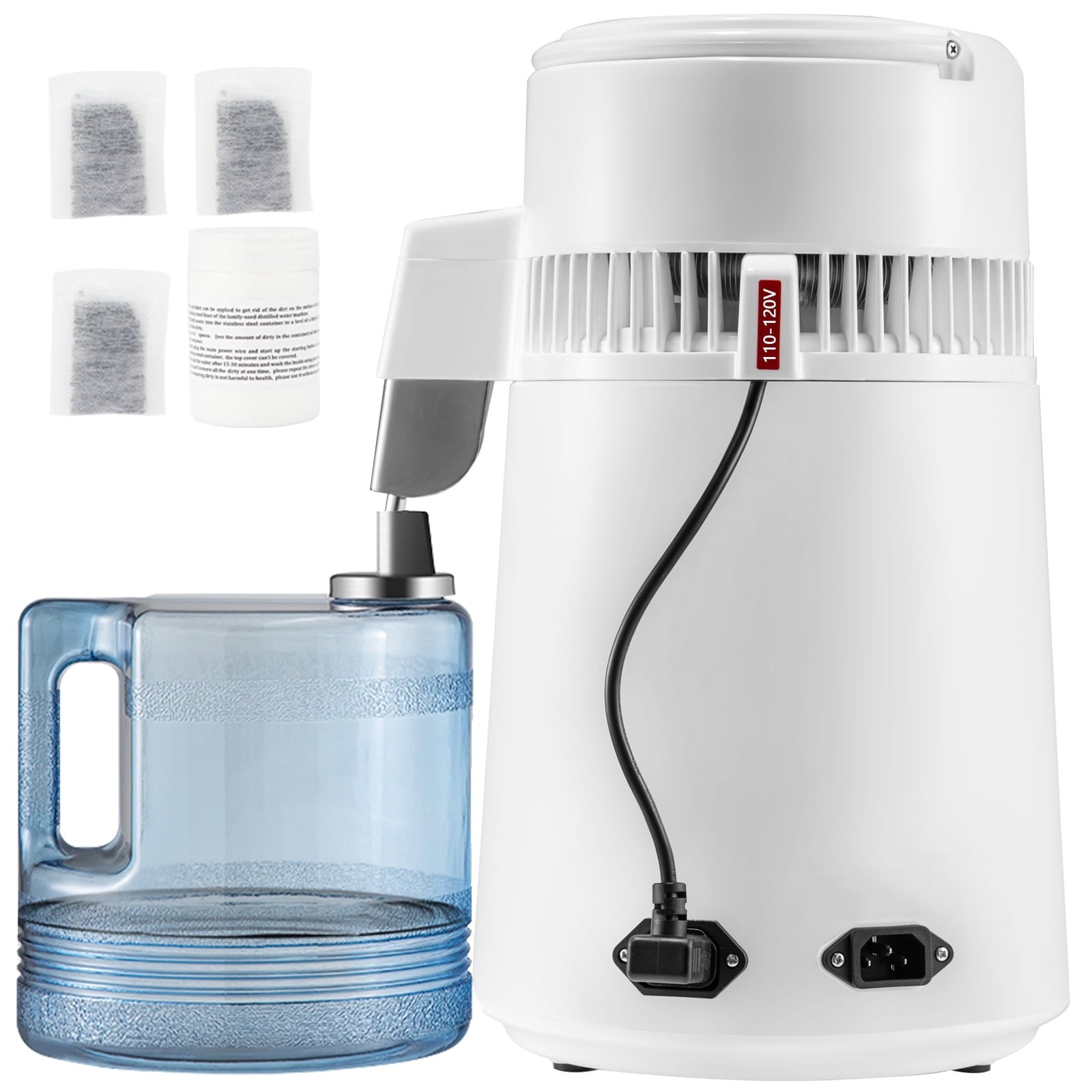KFFKFF Water Distiller 1.1Gal Capacity, 750W, 0.3Gal/H Output with Temp Control and 0-99H Timer, Includes Plastic Jug, Cleaning Agent, and 3 Carbon Filters, Made from 304 Stainless Steel, White