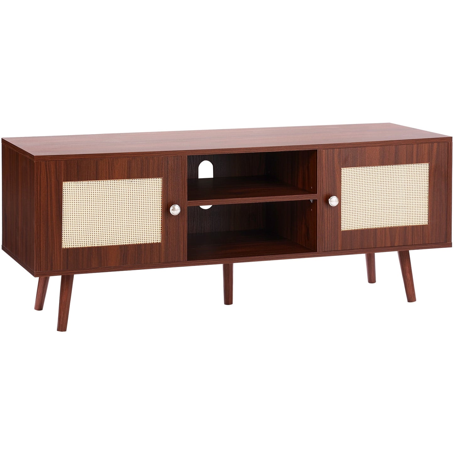 KFFKFF Wicker Television Stand, Bohemian Style Television Cabinet for 55 inch Display, Contemporary Era Television Stand, Wicker Television Console with Modifiable Shelves, Walnut