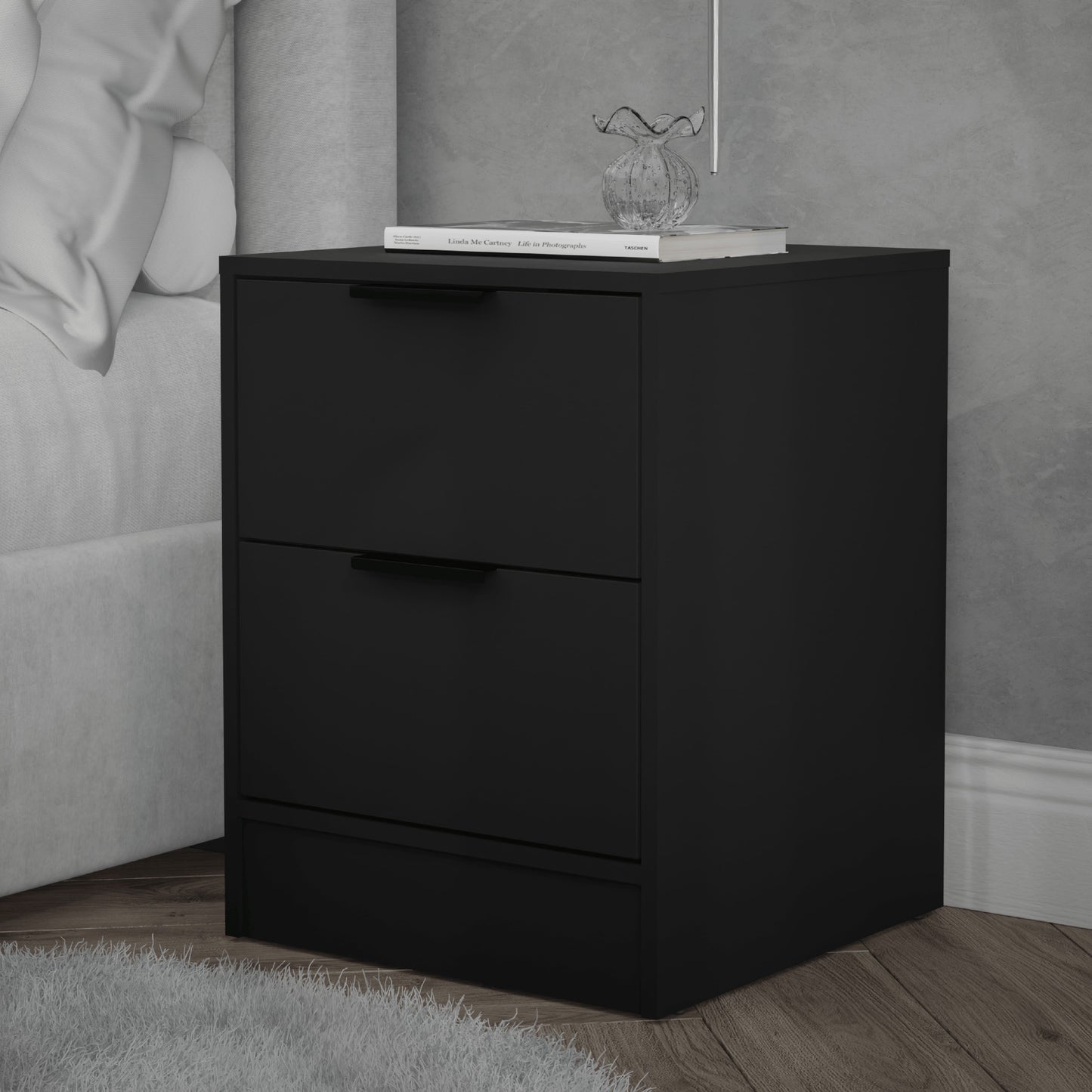 Kappesberg Fresno 2-Drawer Nightstand, Black Matte Finish â€“ Modern Bedroom Storage for Adults & Teens