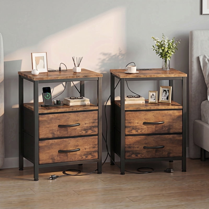 Kelno 2PCS Nightstand with 2 Fabric Drawers Charging Station USB TypeC Outlets Small Bedside Table with Open Storage Shelf, Rustic Brown