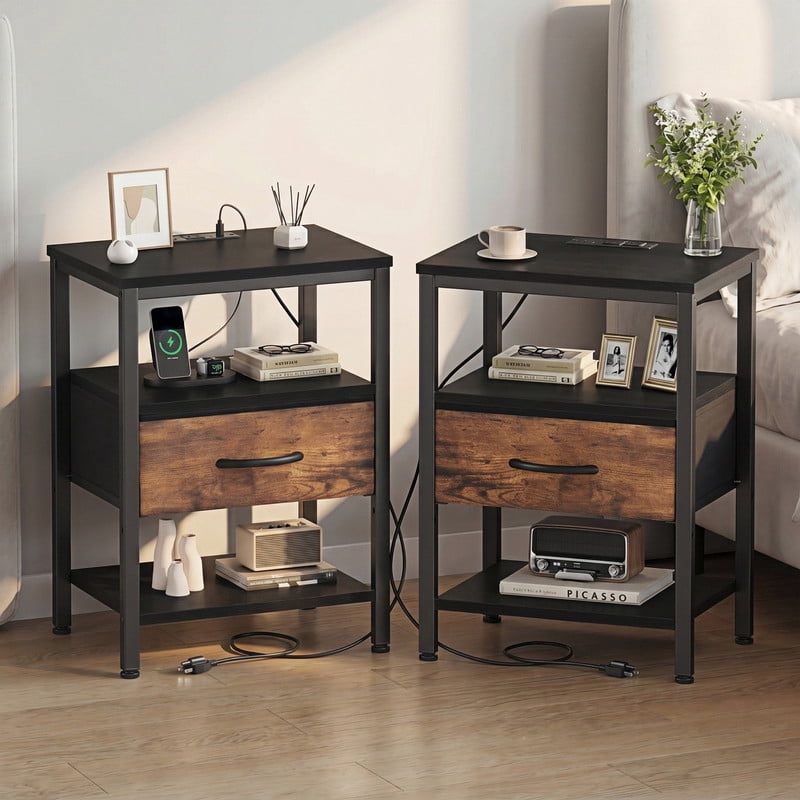 Kelno 2PCS Nightstand with Fabric Drawer Charging Station USB TypeC Outlets Small Bedside Table with Adjustable Shelf, Black Brown