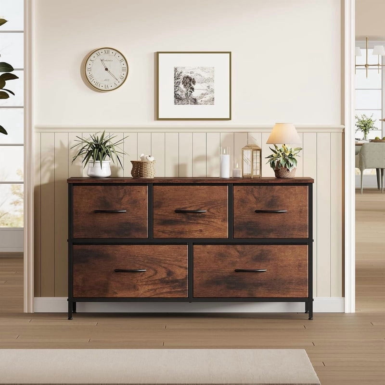 Kelno 5 Drawer Dresser Fabric Chest of Drawers Storage Organizer Wood Top Surface for TV, Rustic Brown