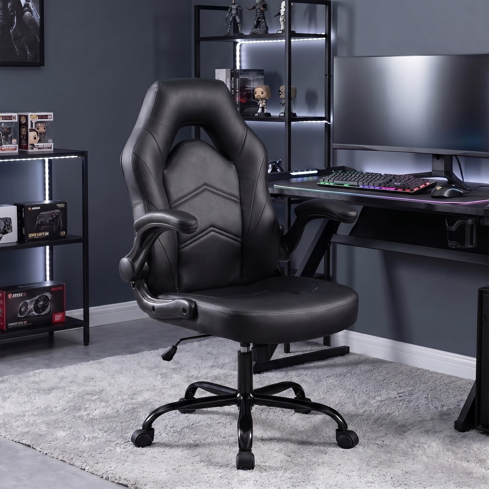 Kelno Ergonomic Gaming Chair PU Leather Computer Desk Chair with Lumbar Support Adjustable Height Flip-Up Armrests Swivel Wheels, Black