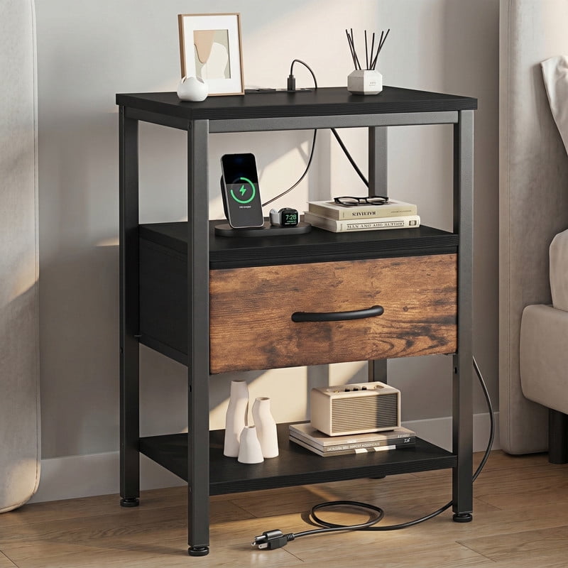 Kelno Nightstand with Fabric Drawer Charging Station USB TypeC Outlets Small Bedside Table with Wood Top Adjustable Shelf, Black Brown