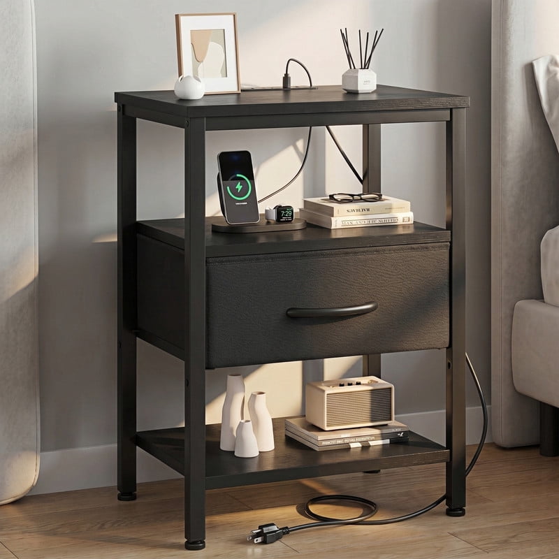 Kelno Nightstand with Fabric Drawer Charging Station USB TypeC Outlets Small Bedside Table with Wood Top Adjustable Shelf, Black