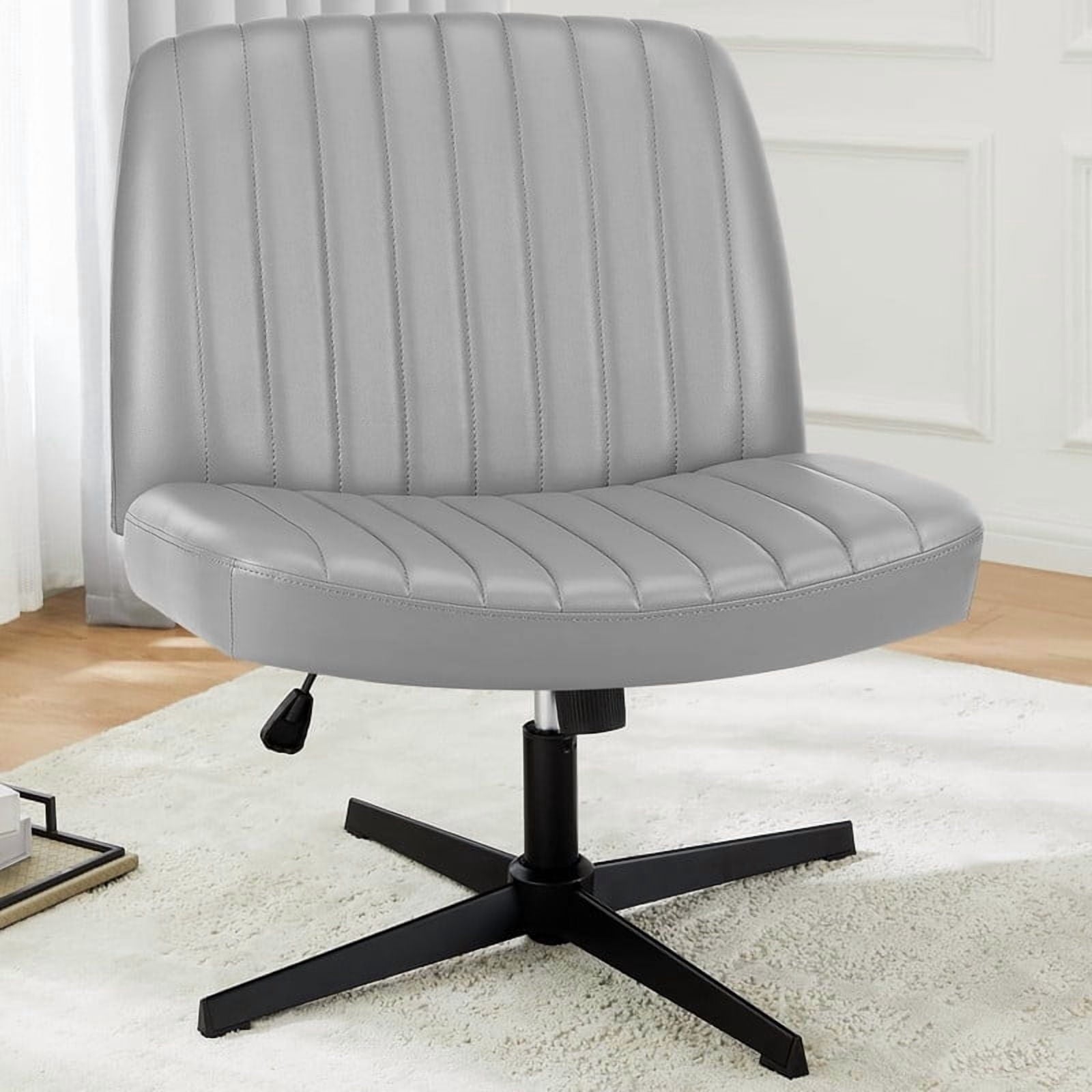 Kelno PU Leather Cross Legged Desk Chair Wide Seat Chair Ergonomic Height Adjustable Swivel Office Vanity Chair, Grey