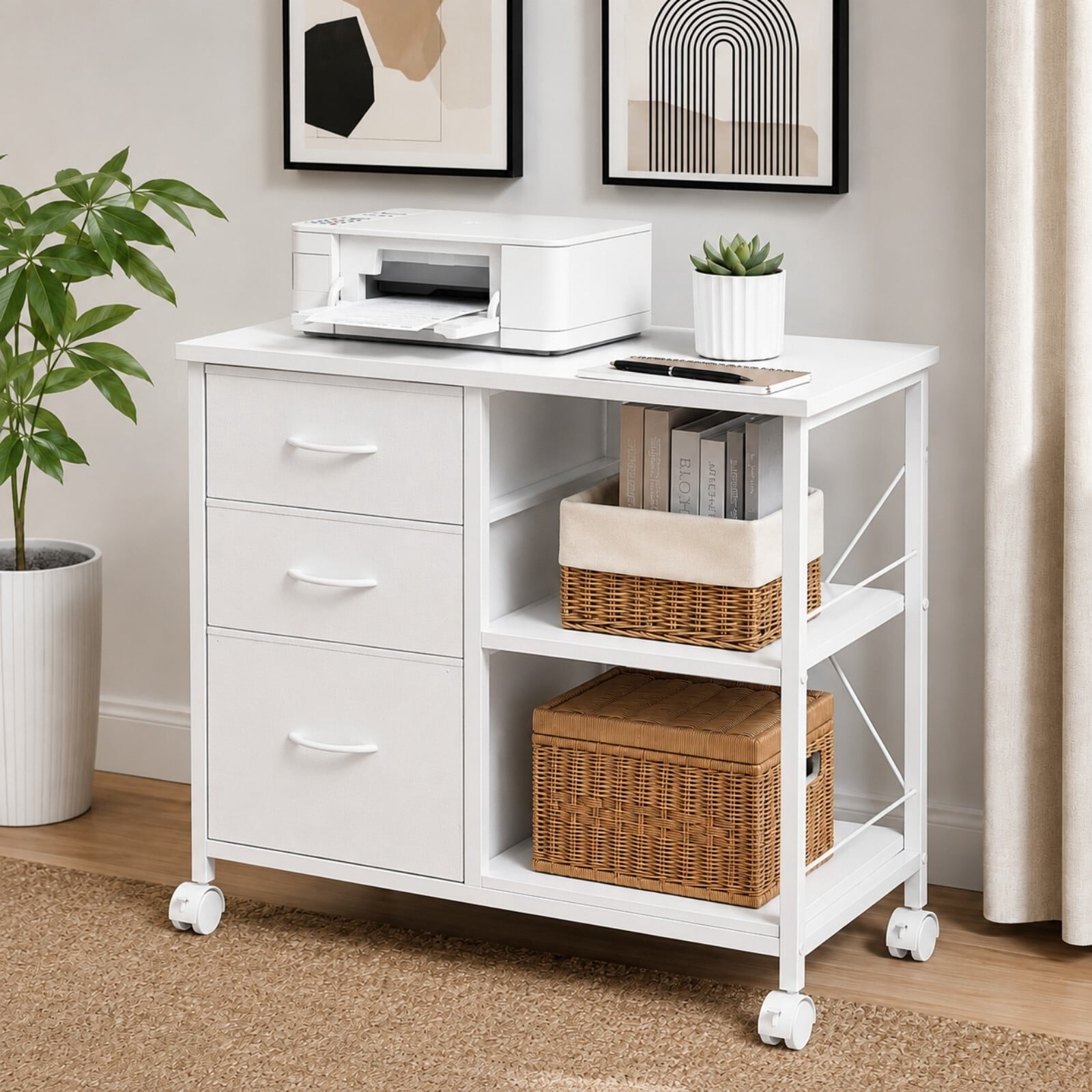 Kelno Rolling File Cabinet with Adjustable Shelf 3 Fabric Drawers Lockable Wheels, White