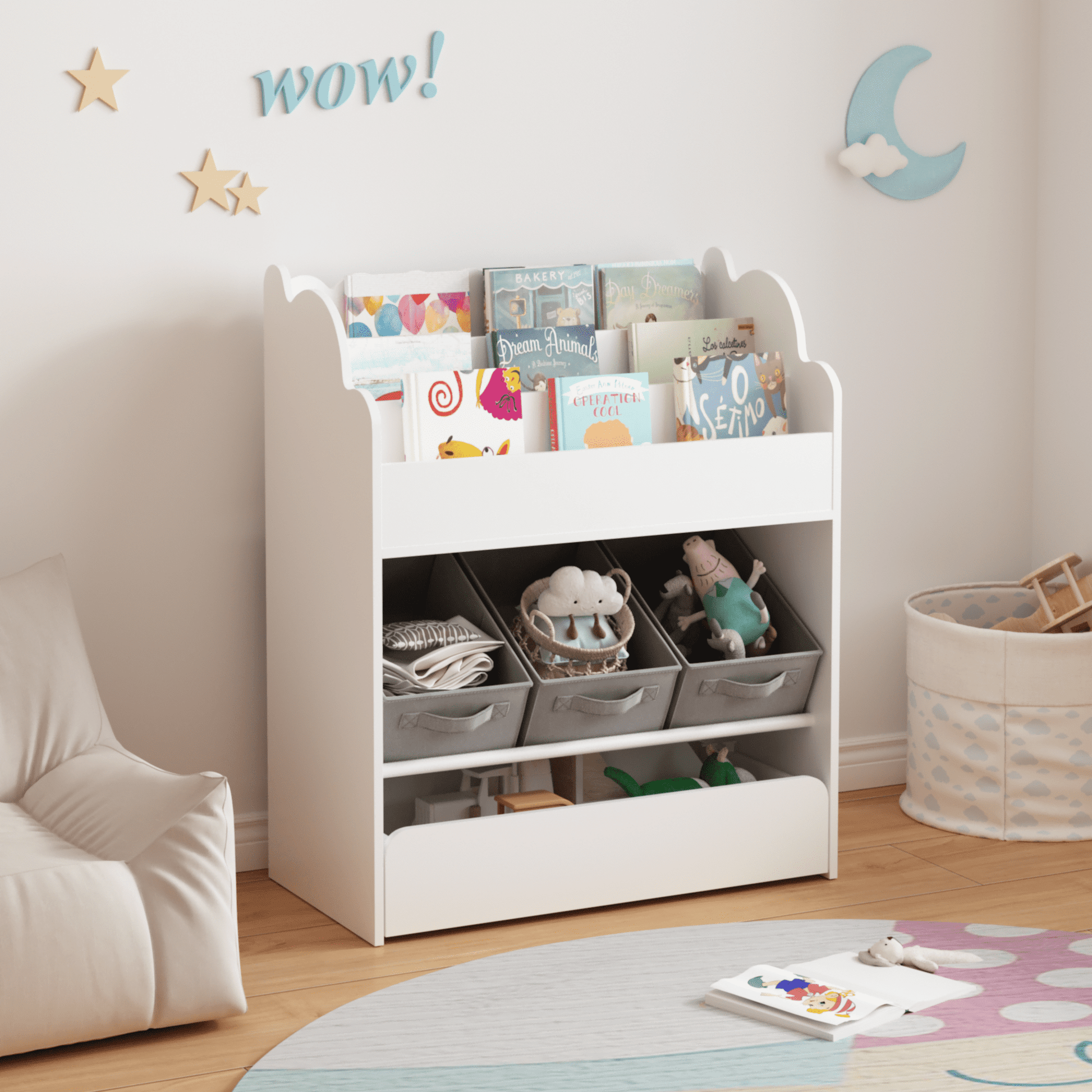 Kids Bookcase Toy Storage Organizer, Multi-Functional Wooden Book Organizer with Storage Bins and Drawer for Bedroom Playroom, White