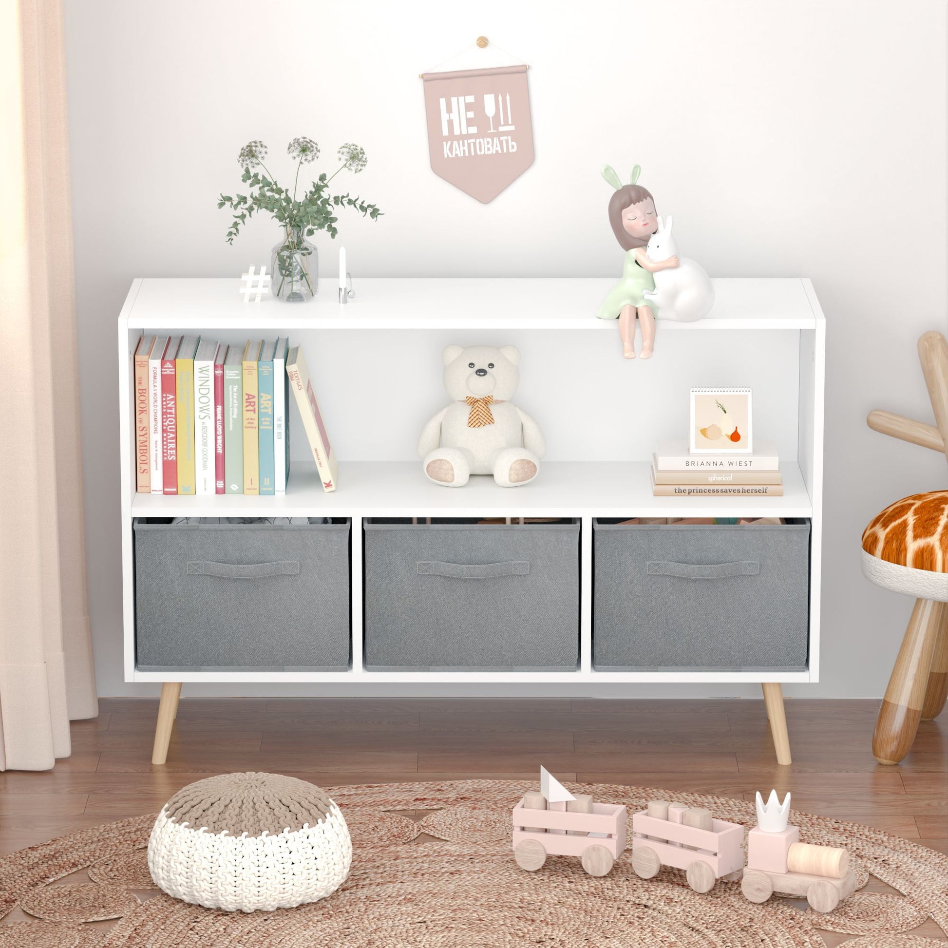 Kids Bookcase with Collapsible Fabric Drawers,Toy Storage Cubby,Children's Book Display,Toy Storage Cabinet Organizer,White/Pink