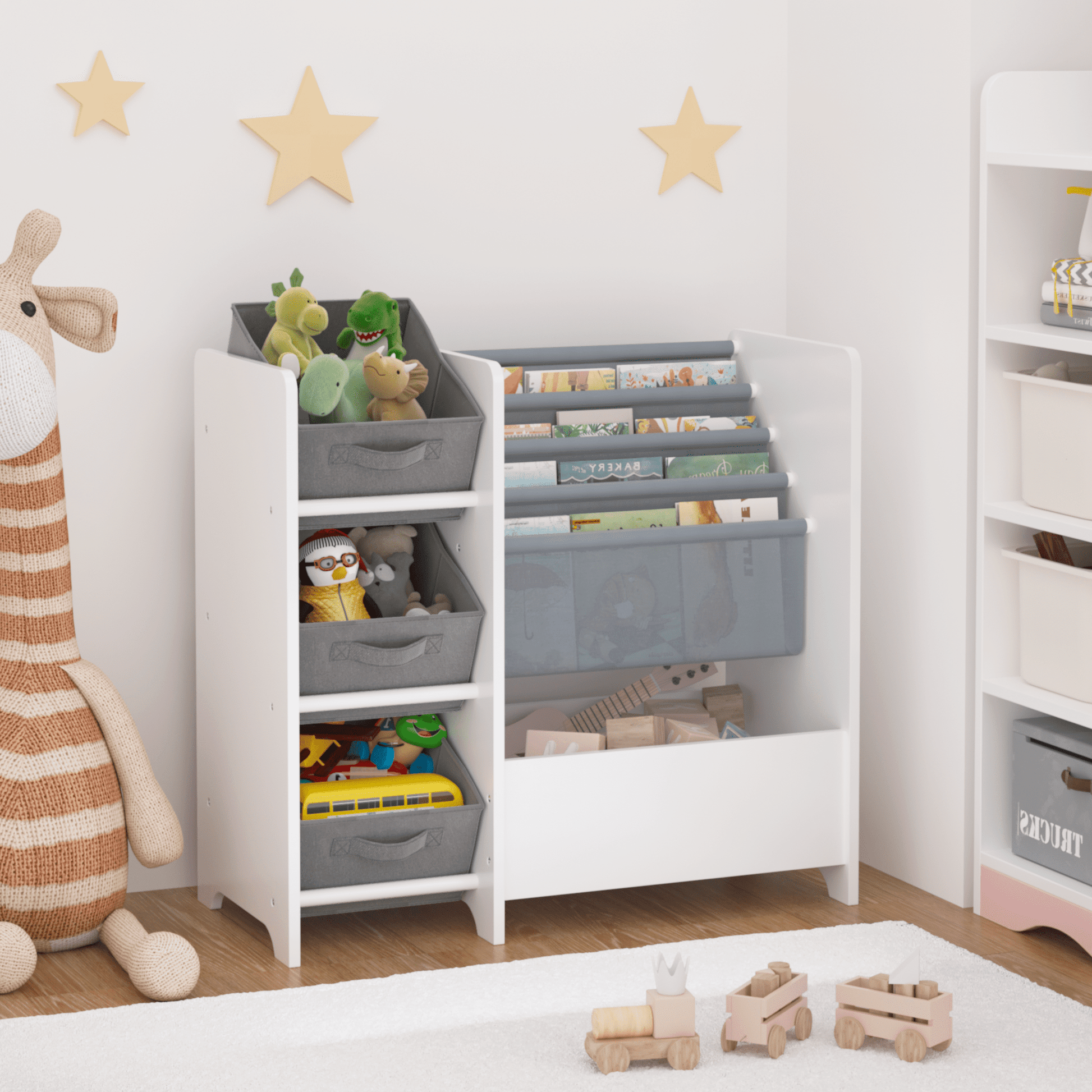 Kids Bookshelf Toy Storage Organizer, 4 Tier Book Shelf with 3 Collapsible Fabric Drawers, White Multifunctional Book Display for Playroom Nursery Toddlers Bedroom