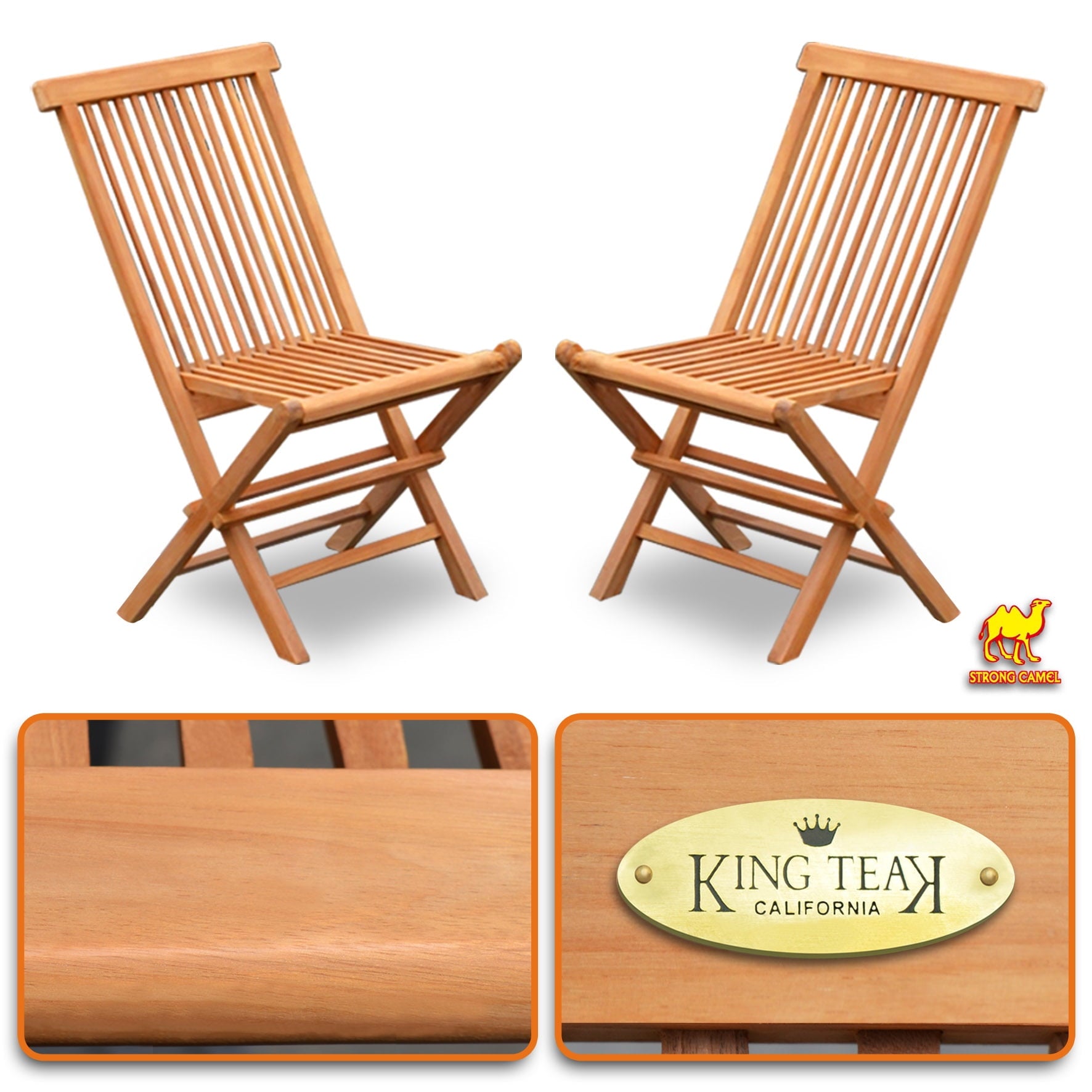 King Teak Silla Plegable de Madera de Teca Dorada, Silla Plegable para Patio Al Aire Libre, JardÃ­n, 2 Piezas