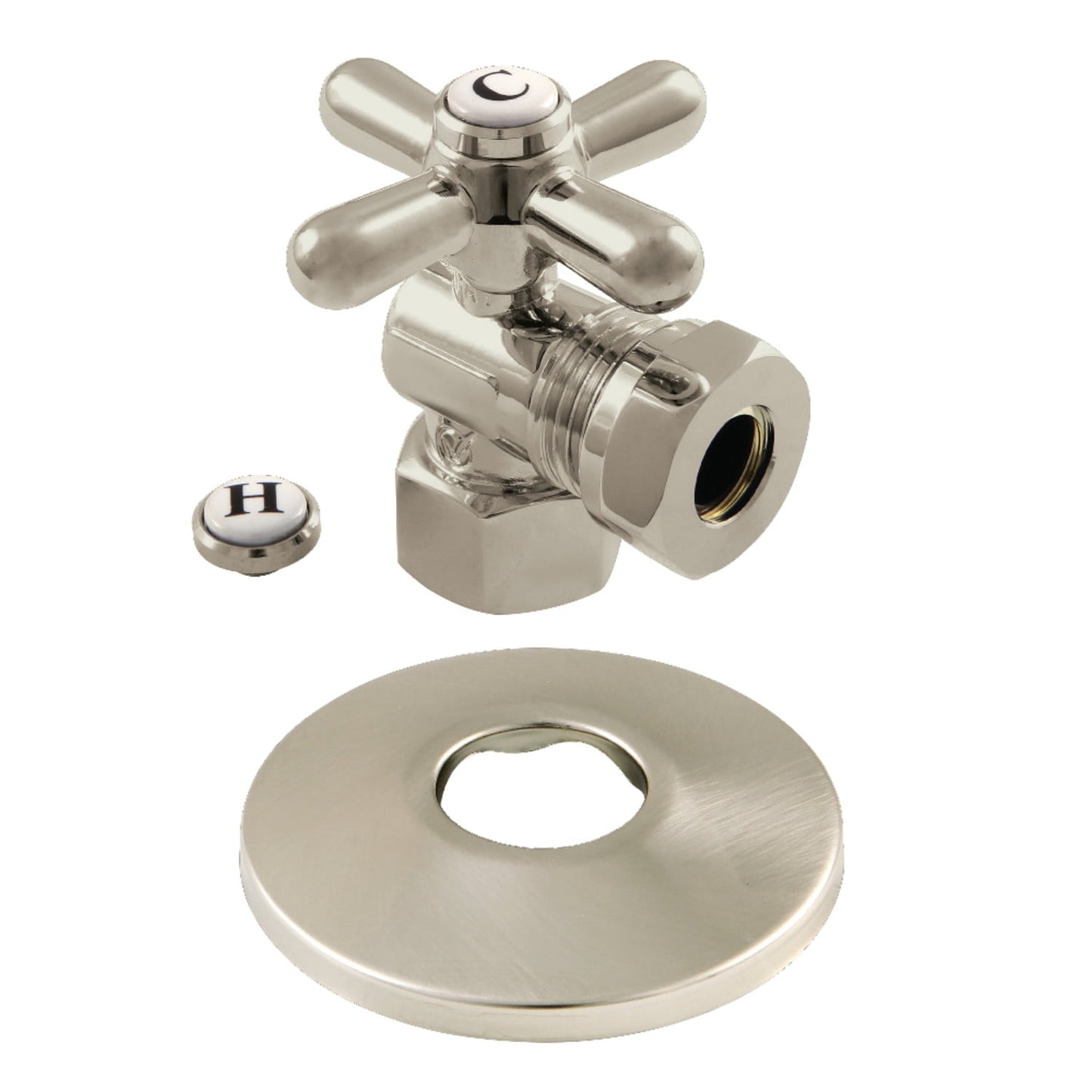 Kingston Brass CC44108XK 1/2" FIP x 1/2" or 7/16" Slip Joint Quarter-Turn Angle Stop Valve with Flange, Brushed Nickel