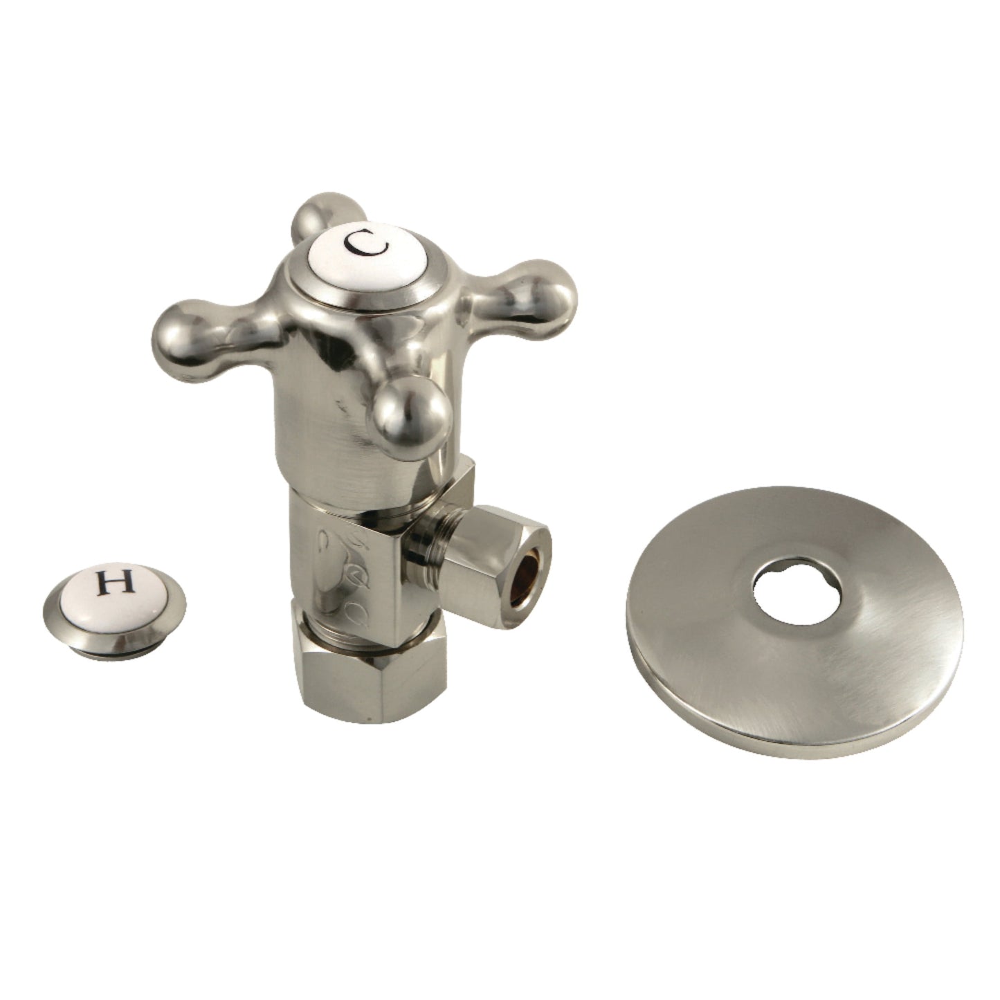 Kingston Brass CD53308BXK 5/8-Inch O.D. Comp x 3/8-Inch O.D. Comp Anti-Seize Deluxe Quarter-Turn Ceramic Hardisc Cartridge Angle Stop with Flange in Brushed Nickel