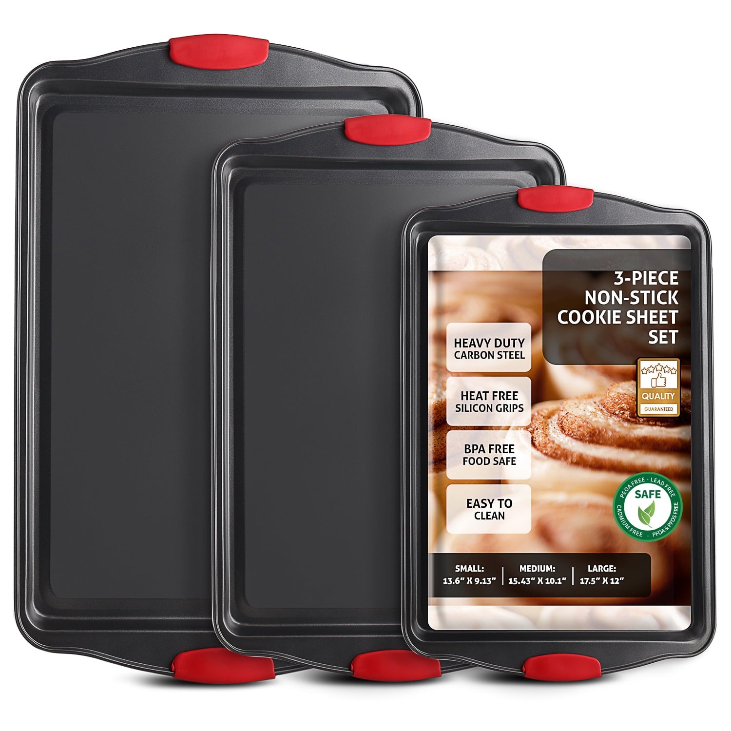 LammaLoe Baking Pans Carbon Steel, Non Stick Cookie Sheet Set with Silicone Handle, Baking Sheet, 2 Large Pieces, Black