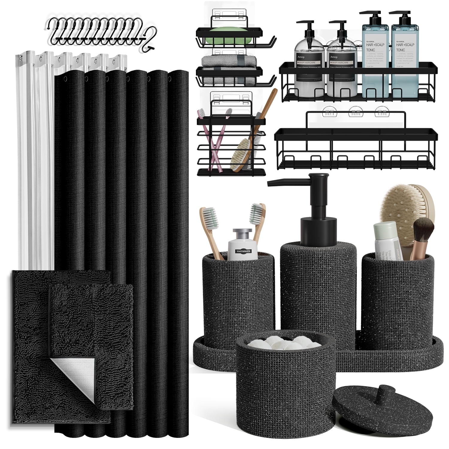 Lammaloe Coal Bathroom Accessories Sets and Shower Caddy for Bathroom Sets with Shower Curtain Sets and Rugs for Bathroom Decor with Toothbrush Holder
