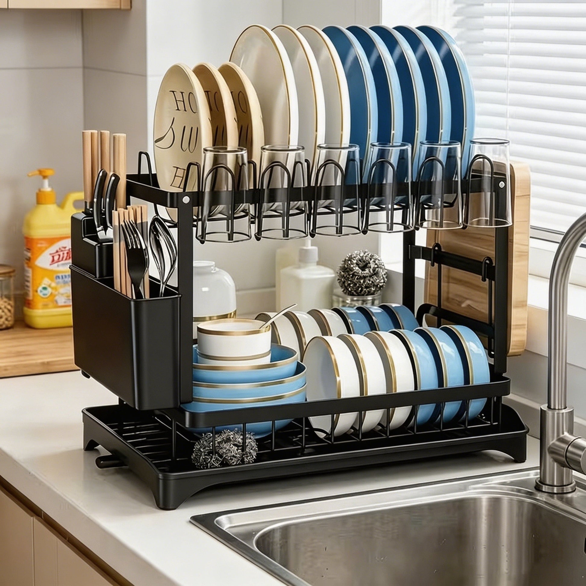 Large 2 Tier Dish Drying Rack with Drainboard, Rustproof Stainless Steel Kitchen Dish Drainer Set with Utensil/Cup/Cutting Board Holder, Space Saving Countertop Organizer, Black