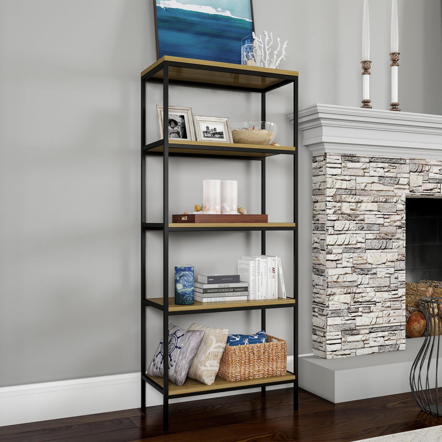 Lavish Home 5 Tier Industrial Bookcase, Gray