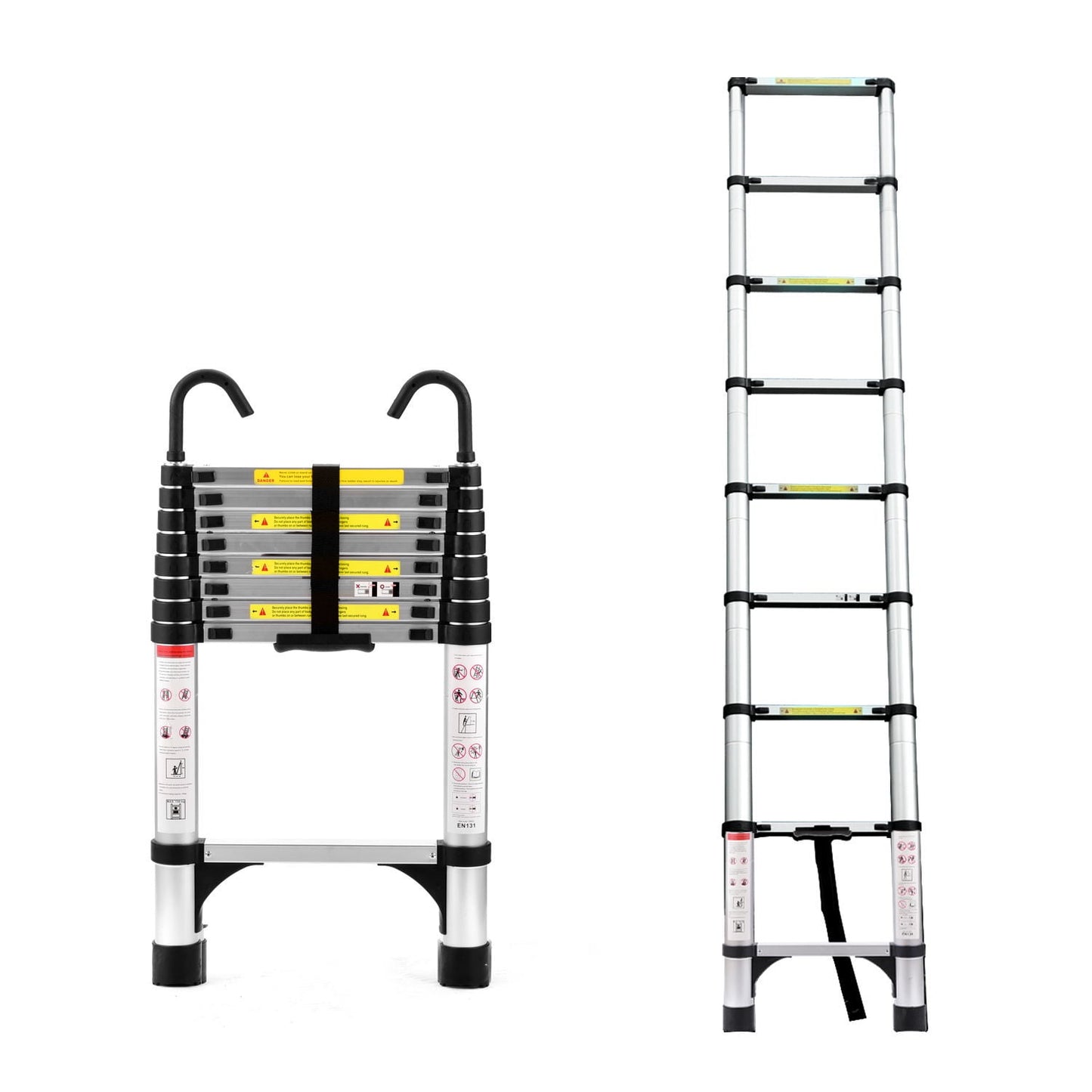 8.5 ft Aluminum Telescopic Ladder with Hook & Triangle Stabilizer, Multi-Purpose Folding Ladder for Home and RV Use