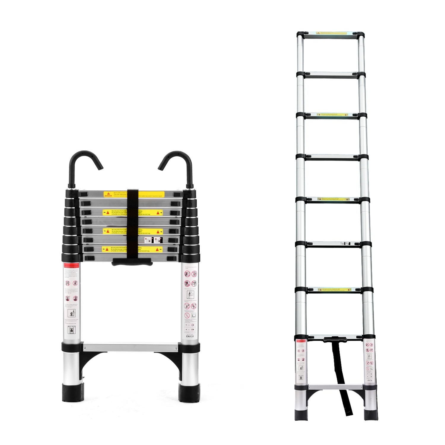 8.5 ft Aluminum Telescopic Ladder with Hook & Triangle Stabilizer, Multi-Purpose Folding Ladder for Home and RV Use