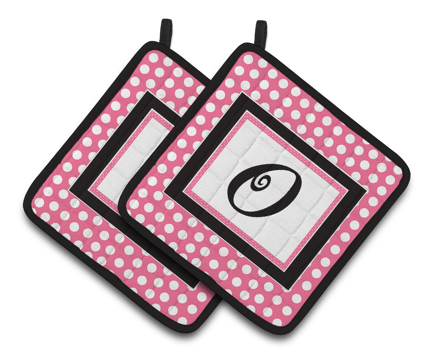 Letter O Monogram - Pink Black Polka Dots Pair of Pot Holders