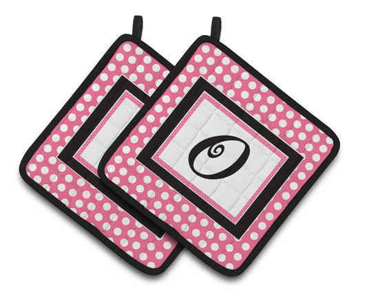 Letter O Monogram - Pink Black Polka Dots Pair of Pot Holders