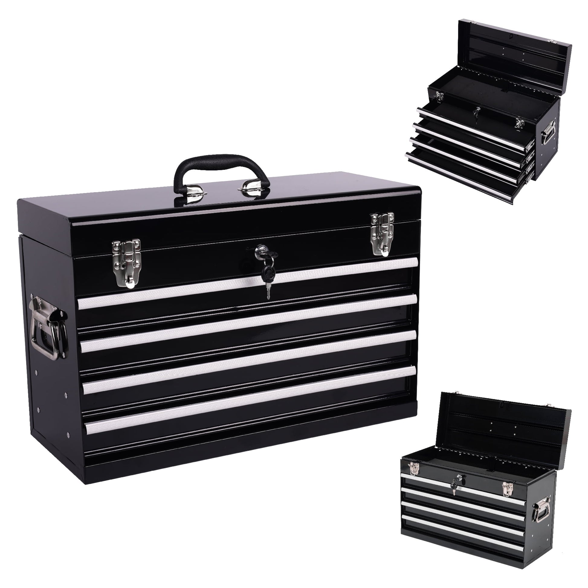 Leumius 21" Metal Tool Box with 4 Drawers,Small Tool Chest with EVA Liners,Multi-Function Tool Organizer for Garage,Workshop,Black