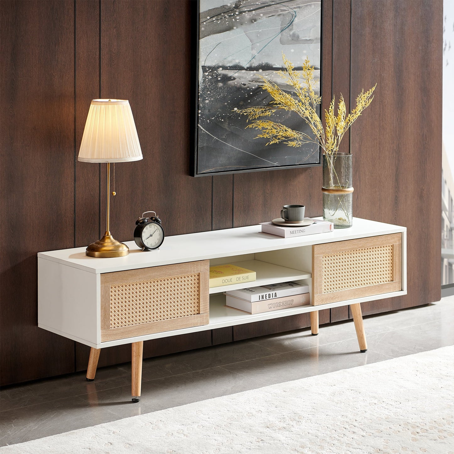 Leumius 55 Inch Rattan Coffee Table with Sliding Storage Door, Rectangle Wooden Accent Center Sofa Table with Solid Wood Legs,Suitable for Living Room,White
