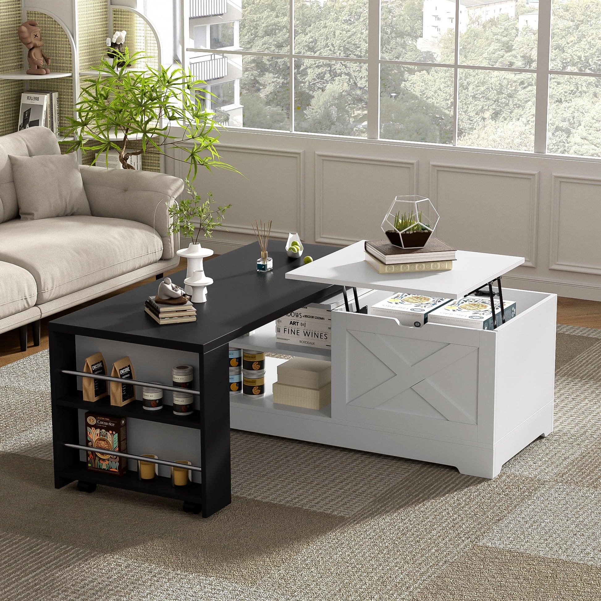 Leumius Lift Top Coffee Table with Storage,Rectangle Wood Center Table With Barn Doors and Open Cabinet, For Living Room, Bedroom, Home Office,White+Black
