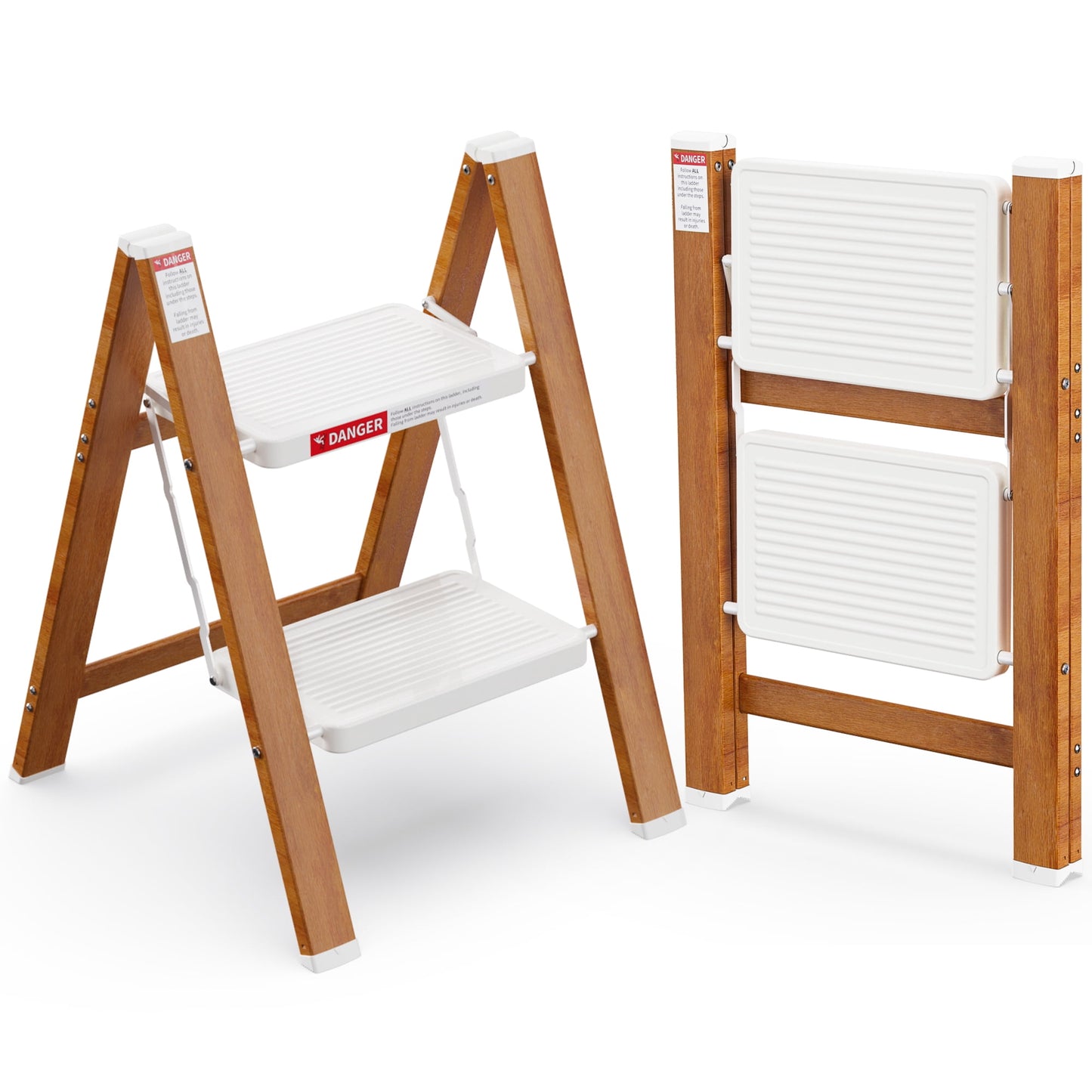 Levlad 2 Step Ladder Folding Stool with 330 lbs Capacity, Wood Grain Step Stool with Anti-Slip Wide Pedals, Large Rubber Feet