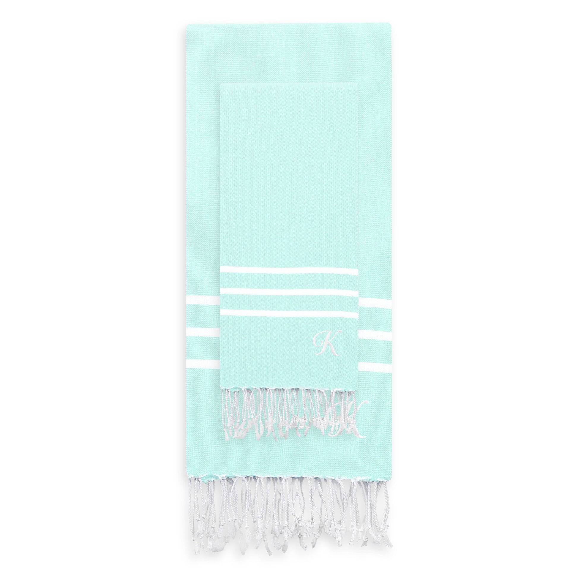 Linum Home Authentic Ella Soft Aqua Monogrammed Pestemal Fouta Turkish Cotton Beach and Head Towel Set (Set of 2) K