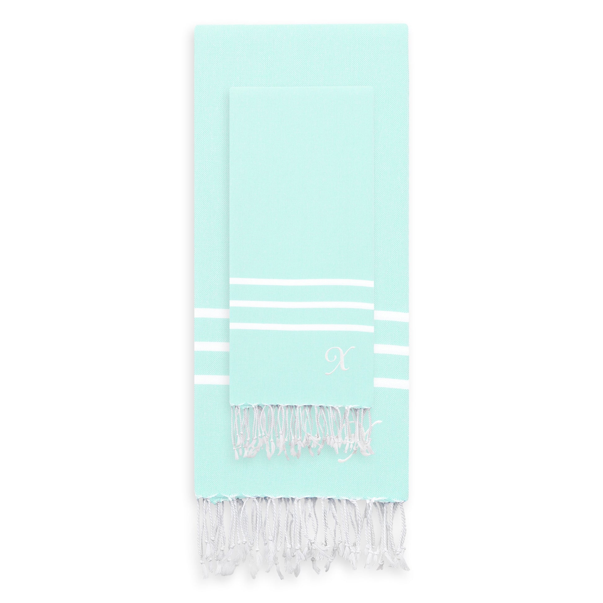 Linum Home Authentic Ella Soft Aqua Monogrammed Pestemal Fouta Turkish Cotton Beach and Head Towel Set (Set of 2) X