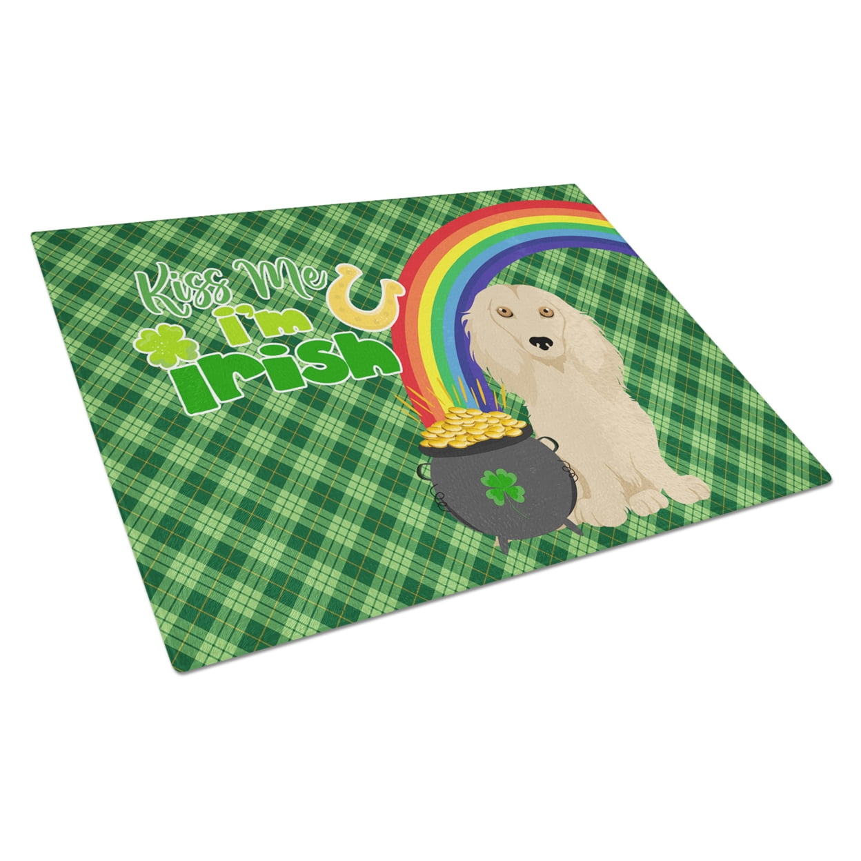Longhair Cream Dachshund St. Patrick's Day Glass Cutting Board Large 12 in x 15 in