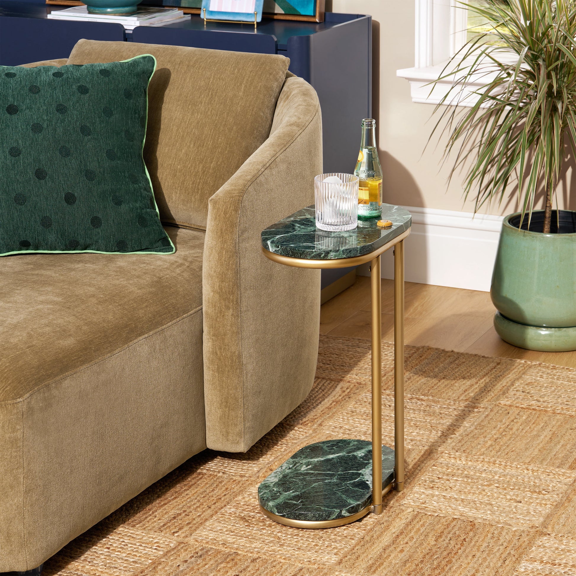 Beautiful Lane Drink Table by Drew Barrymore, for Living Rooms, Green Marble and Gold Finish