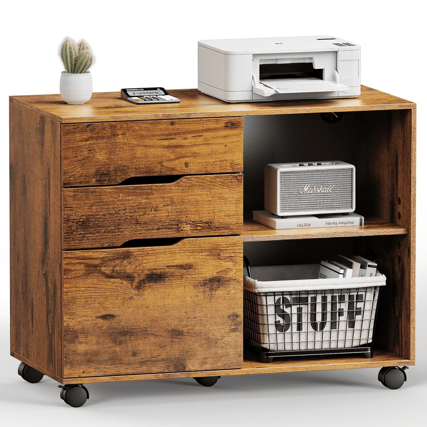MAYEERTY 3-Drawer Mobile File Cabinet Rolling Filing Cabinet for Home Office Study Room, Brown
