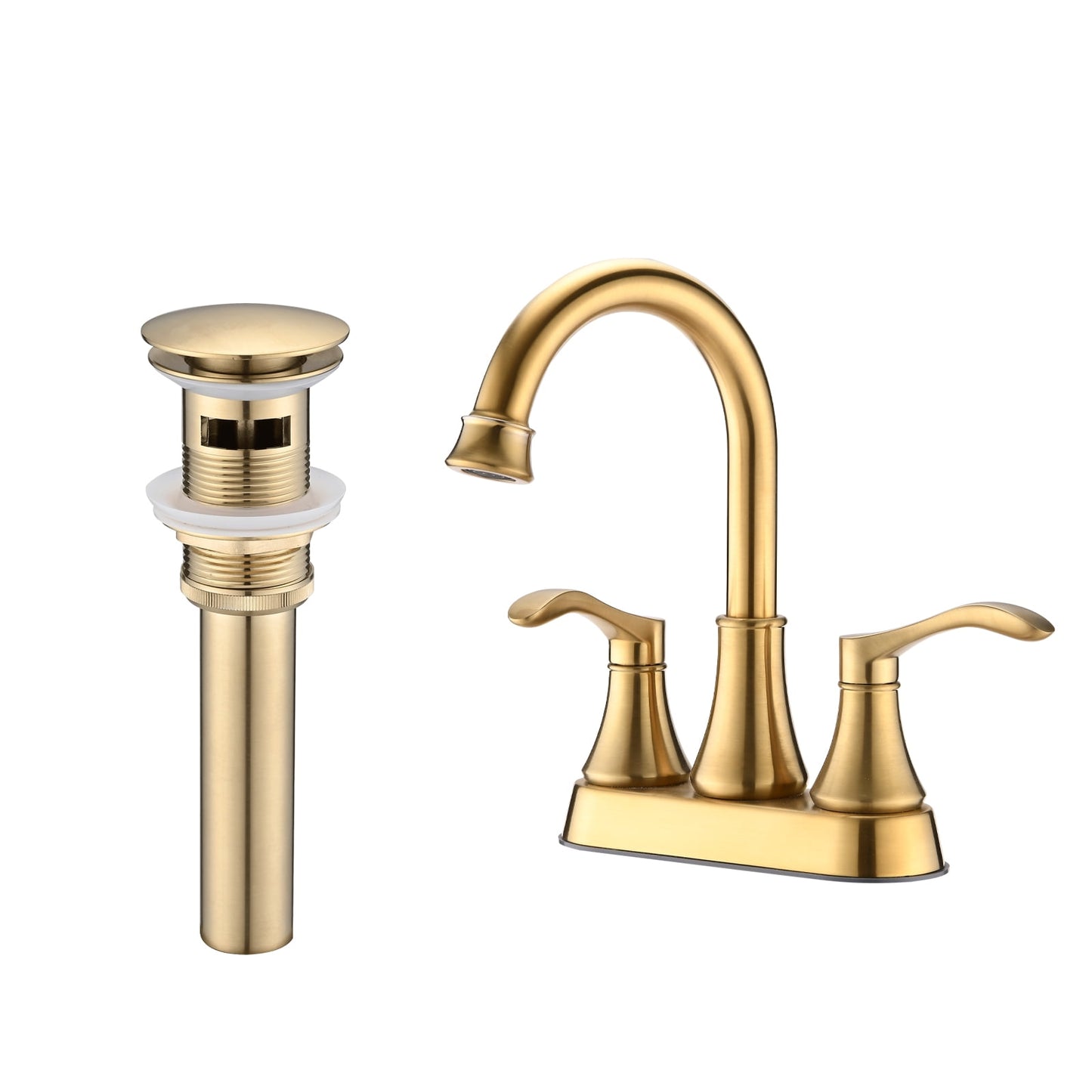 MAYEERTY 4"Centerset Bathroom Faucet with 360Â° Swivel Spout, Pop-Up Drain & Dual Handles, Brushed Gold