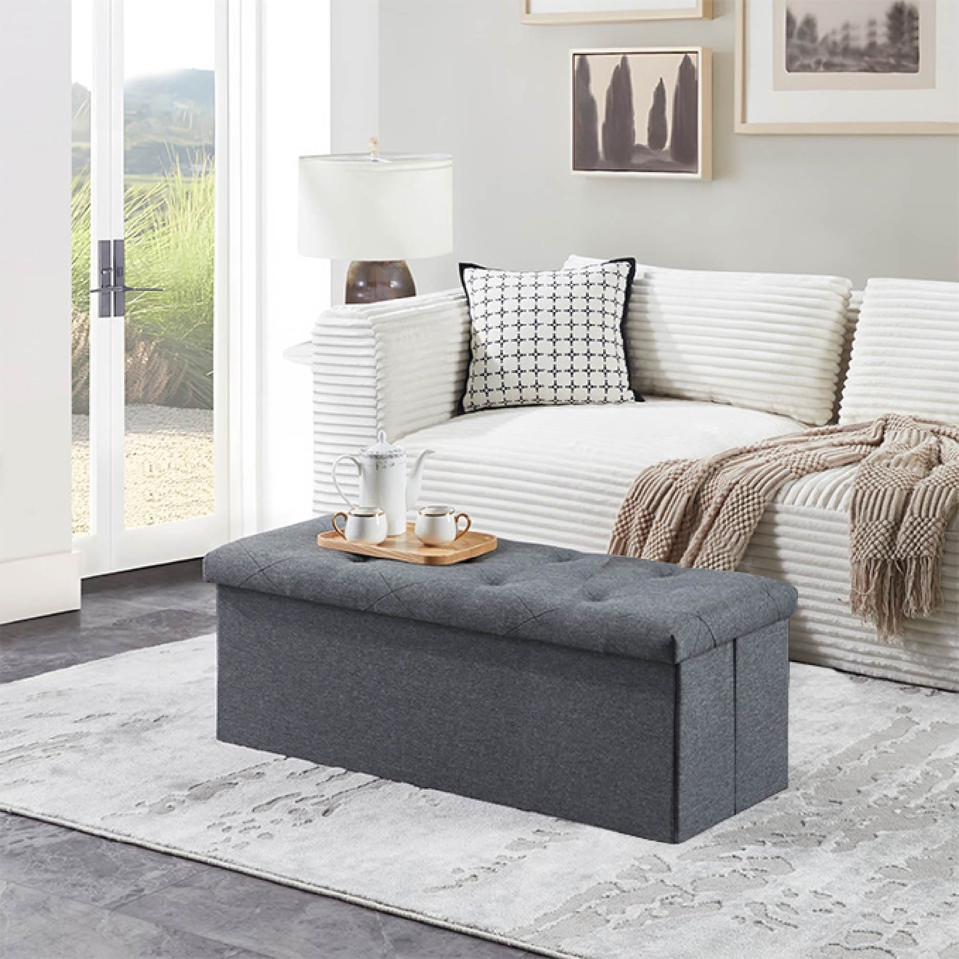 MAYEERTY 43" Folding Storage Ottoman Bench, Upholstered Chest with Lid, Gray