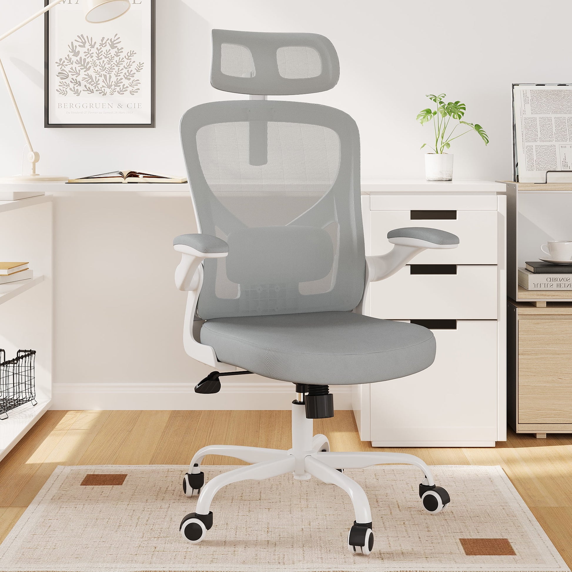 MAYEERTY Ergonomic Home Office Chair with Lumbar Support, Flip-Up Armrests, Headrest for Work & Study,Gray