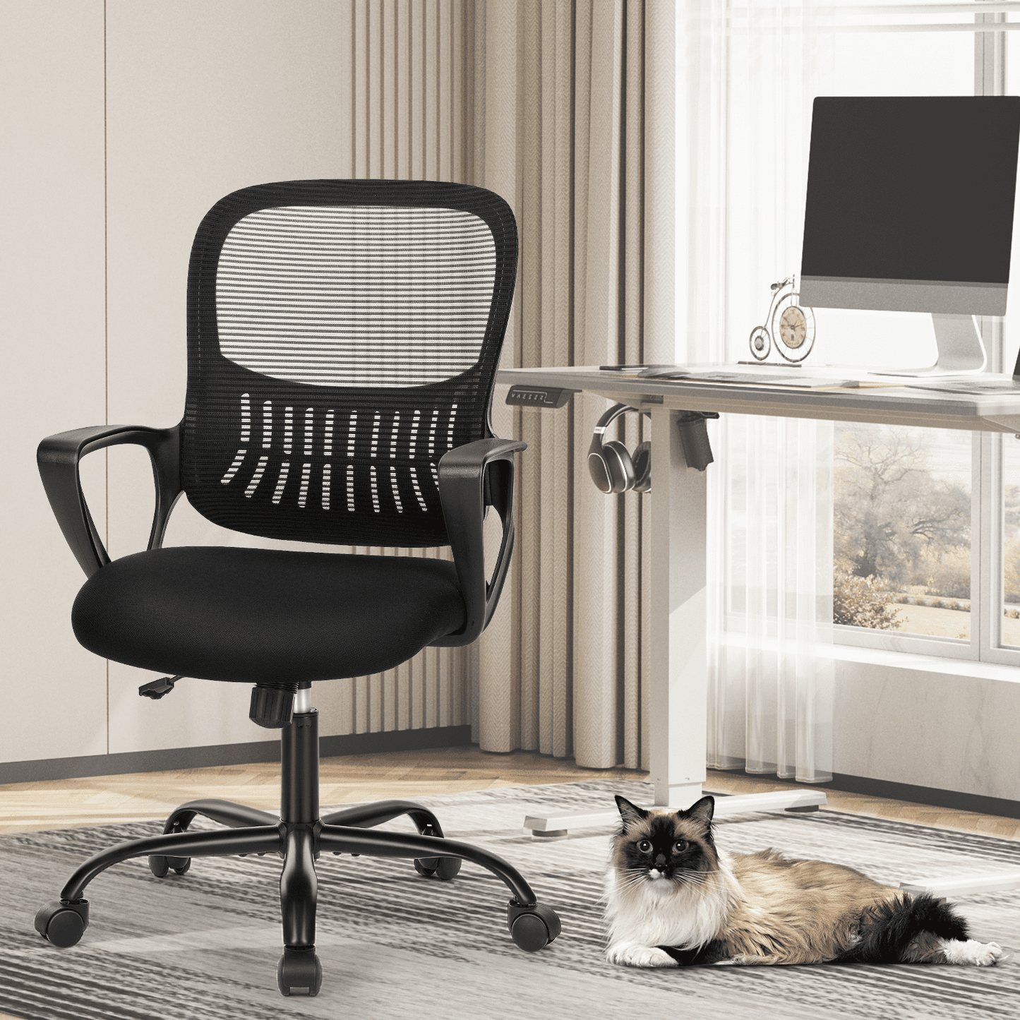 MAYEERTY Ergonomic Office Chair for Standing Desk with Adjustable Height, Computer Desk Chairs, Fixed Handrail , Black