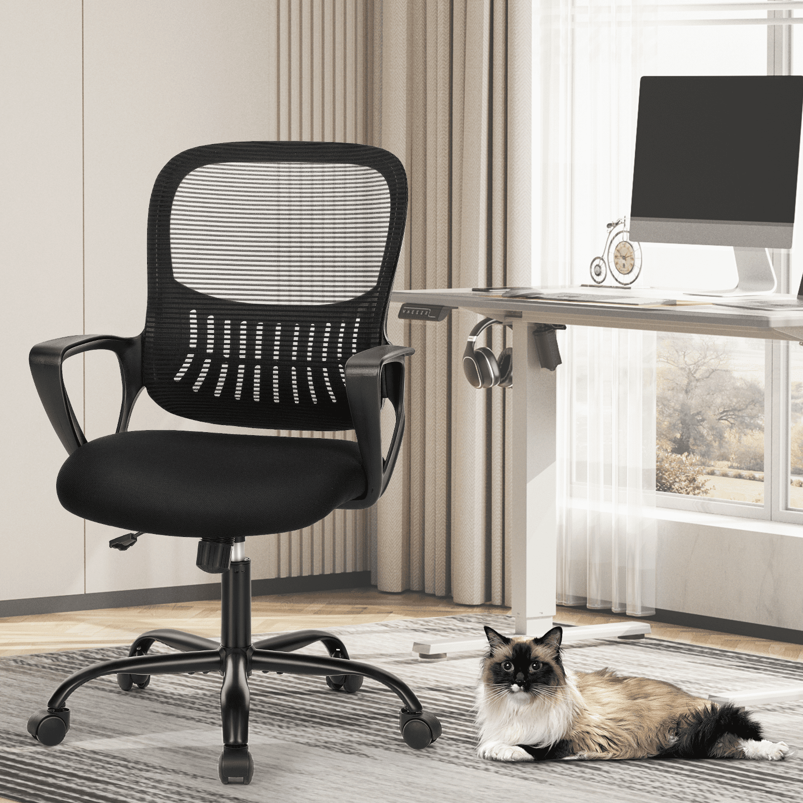 MAYEERTY Ergonomic Office Chair for Standing Desk with Adjustable Height, Computer Desk Chairs, Fixed Handrail , Black