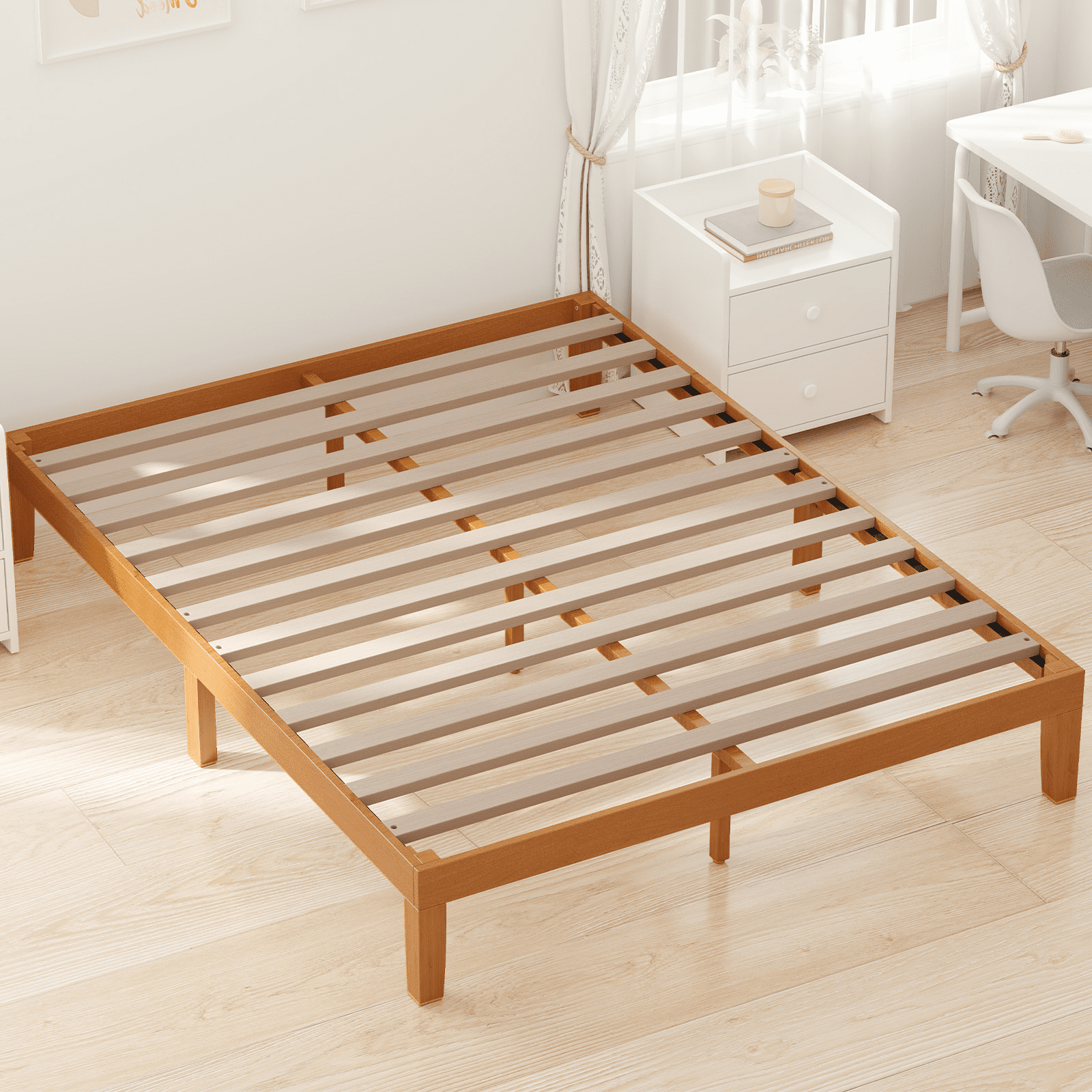 MAYEERTY Full Wood Bed Frame - Natural Pine, Support Slats, Mattress Foundationâ€‹