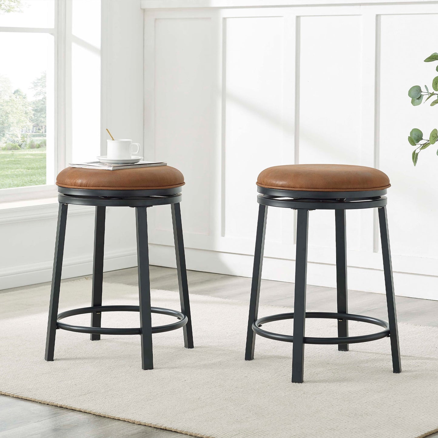 MOONMISS 360Â° Degree Swivel Bar Stool - Counter Height Metal Frame Stool for Kitchen Island, Home Bar &Cafe(Setof 2),Brown