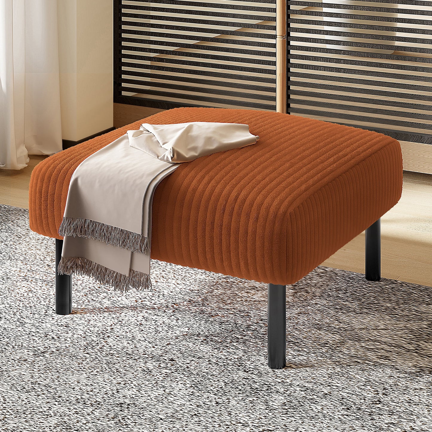 MOONMISS Otomana Cuadrada de Marco de Madera de Mediados de Siglo Moderno Tapizada en Pana con Asiento Acolchado Suave-naranja