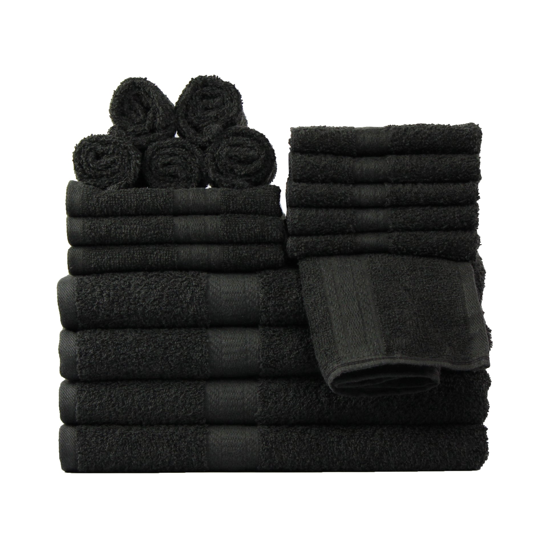 Mainstays 18 Piece 100% Cotton Towel Set, 4 Bath , 4 Hand and 10 Washcloths, Super Soft and Highly Absorbent Basic Solid Towel Set for Bathroom, Hotels, Spa and Gym â€“ Black