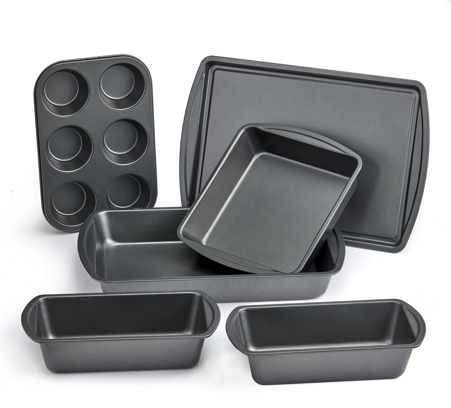 Mainstays 6 Piece Non-Stick Carbon Steel Bakeware Set with Cake, Muffin, Cookie and Loaf Pans, Gray