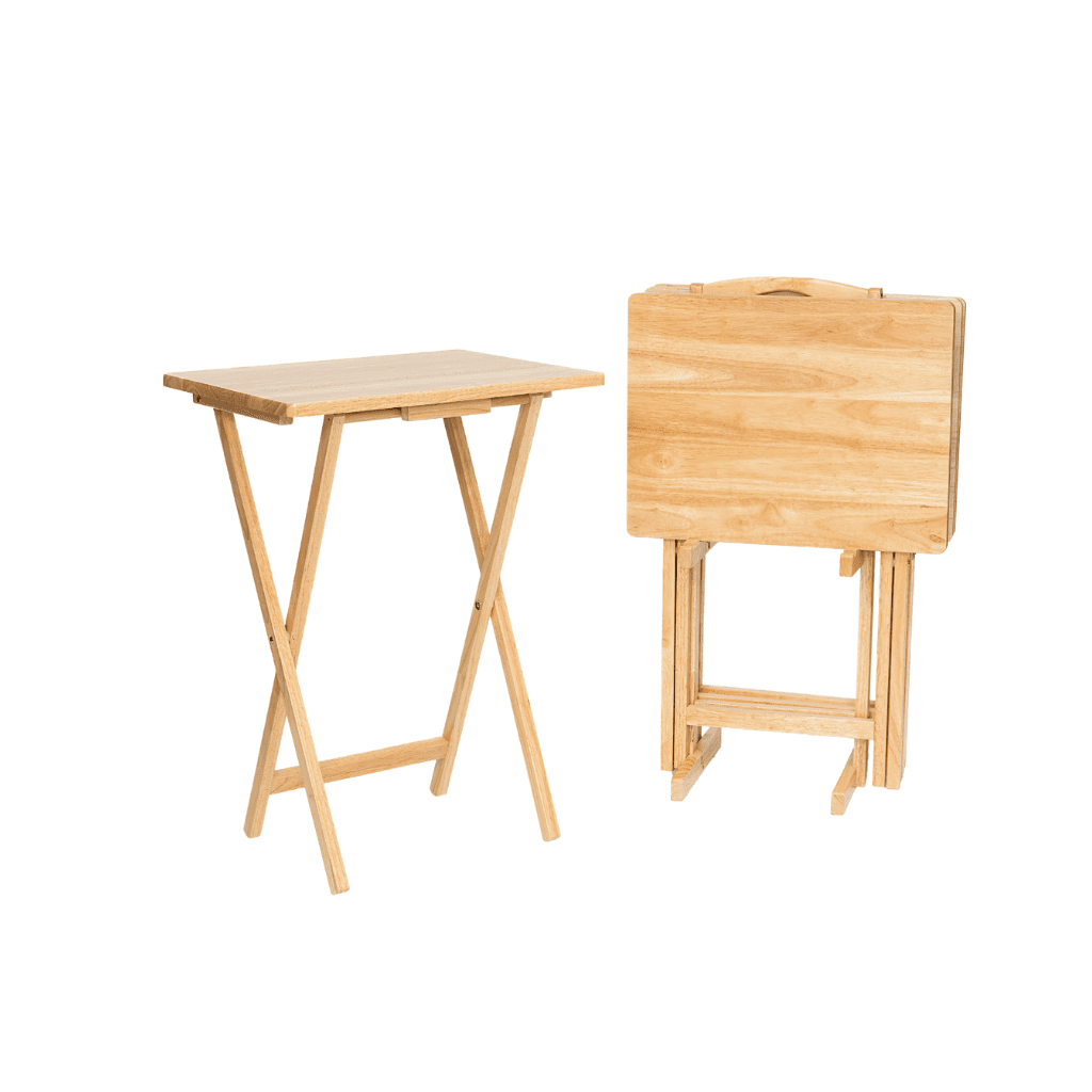 Mainstays 5-Piece Rubberwood Folding TV Tray Table Set of 4 with Storage Rack, Natural