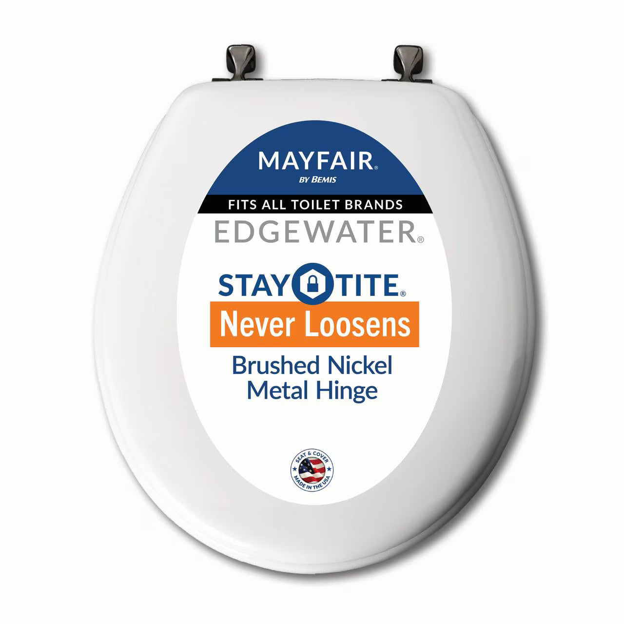 Mayfair EdgewaterÂ® Round Enameled Wood Toilet Seat in White Never Looosens Brushed Nickel Metal Hinge