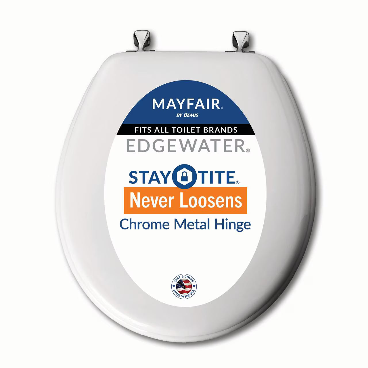 Mayfair EdgewaterÂ® Round Enameled Wood Toilet Seat in White Never Loosens Chrome Metal Hinge
