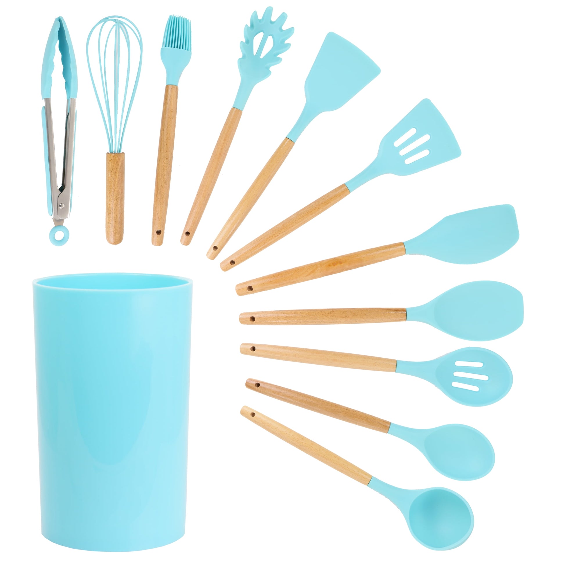 MegaChef Light Teal 12 Piece Silicone and Wood Cooking Utensils