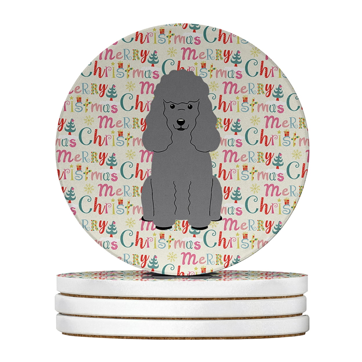 Merry Christmas Poodle Silver Large Sandstone Coasters Pack of 4 4 in x 4 in